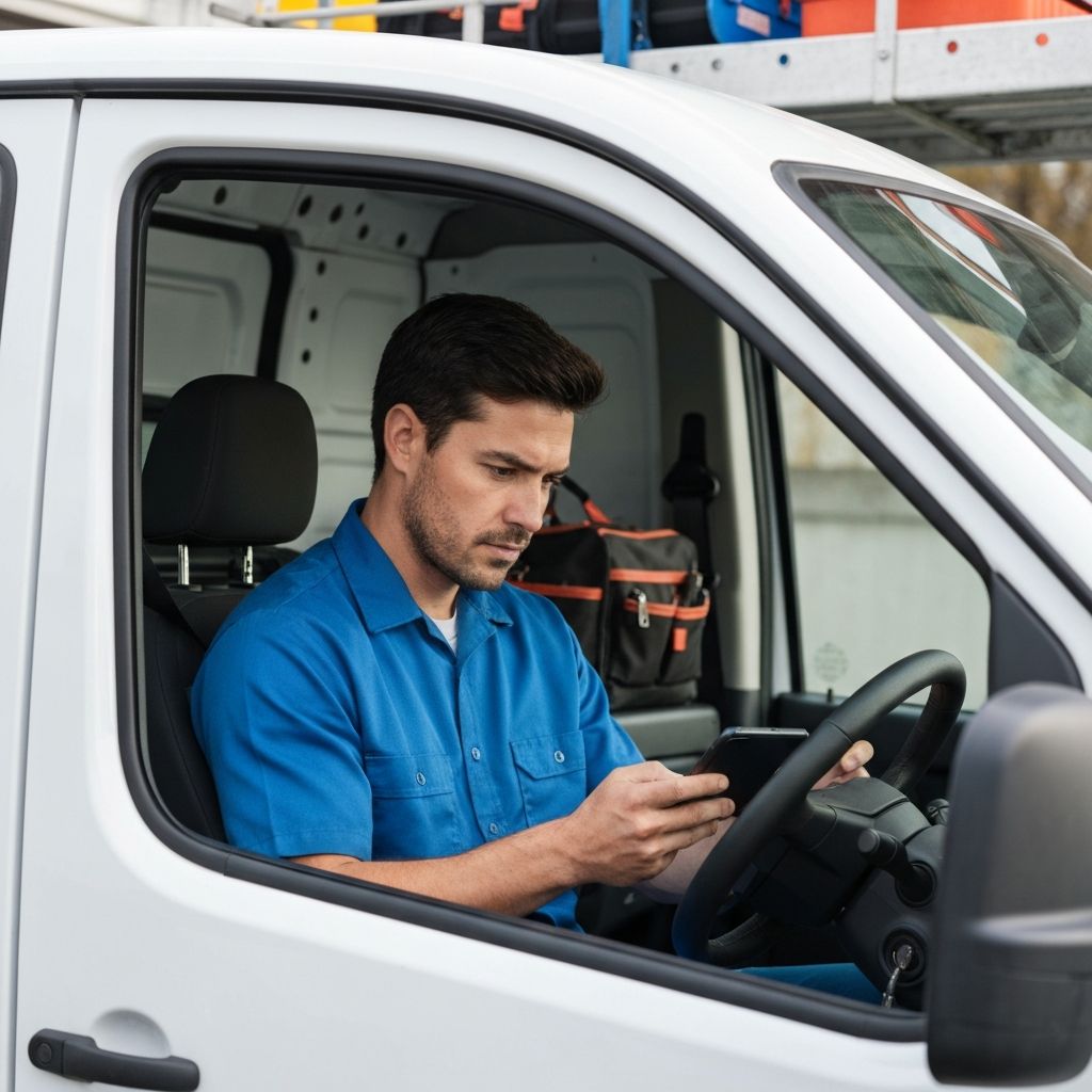 Electrician reviewing job details on a tablet with a homeowner