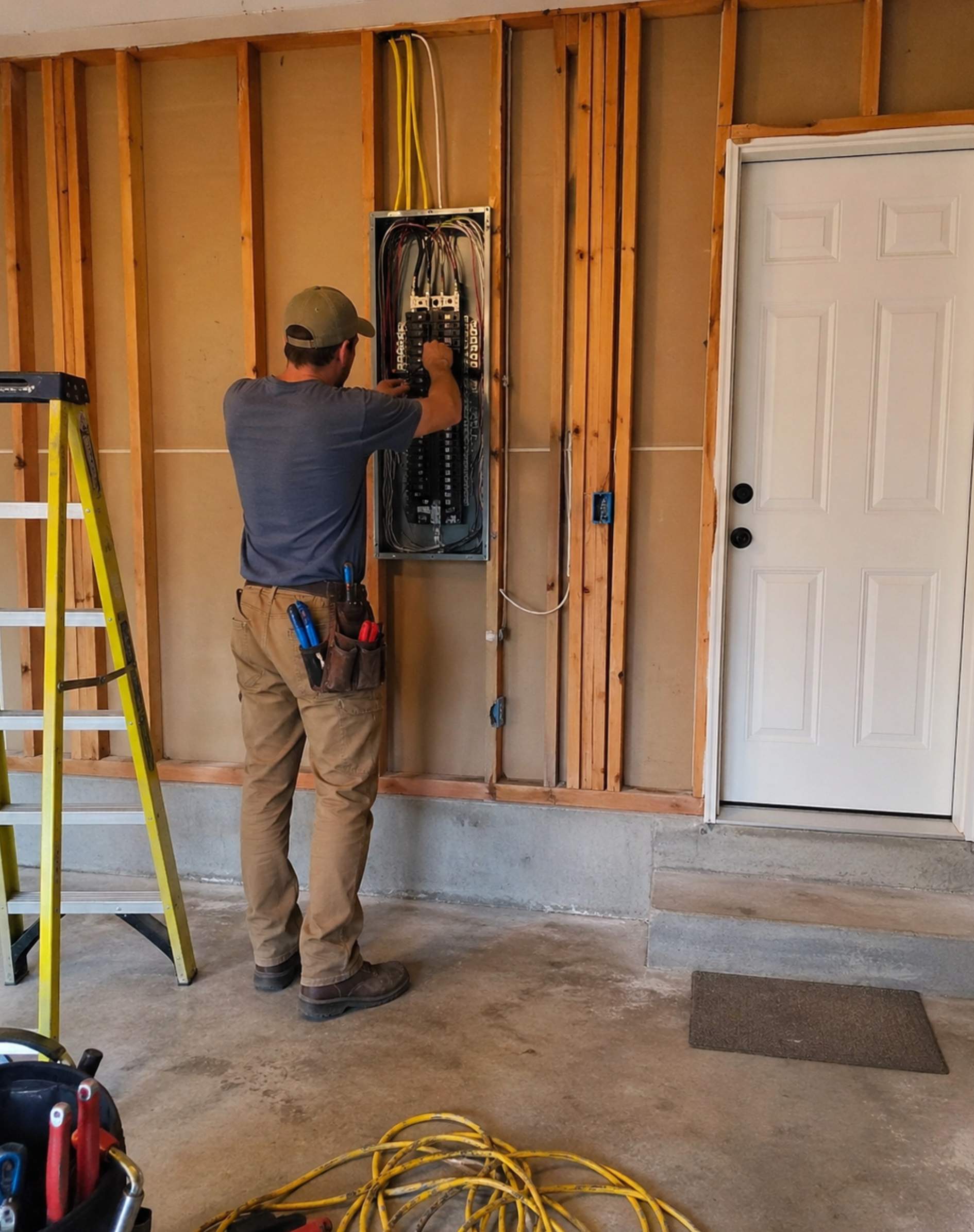 Electrician installing breaker panel during garage construction