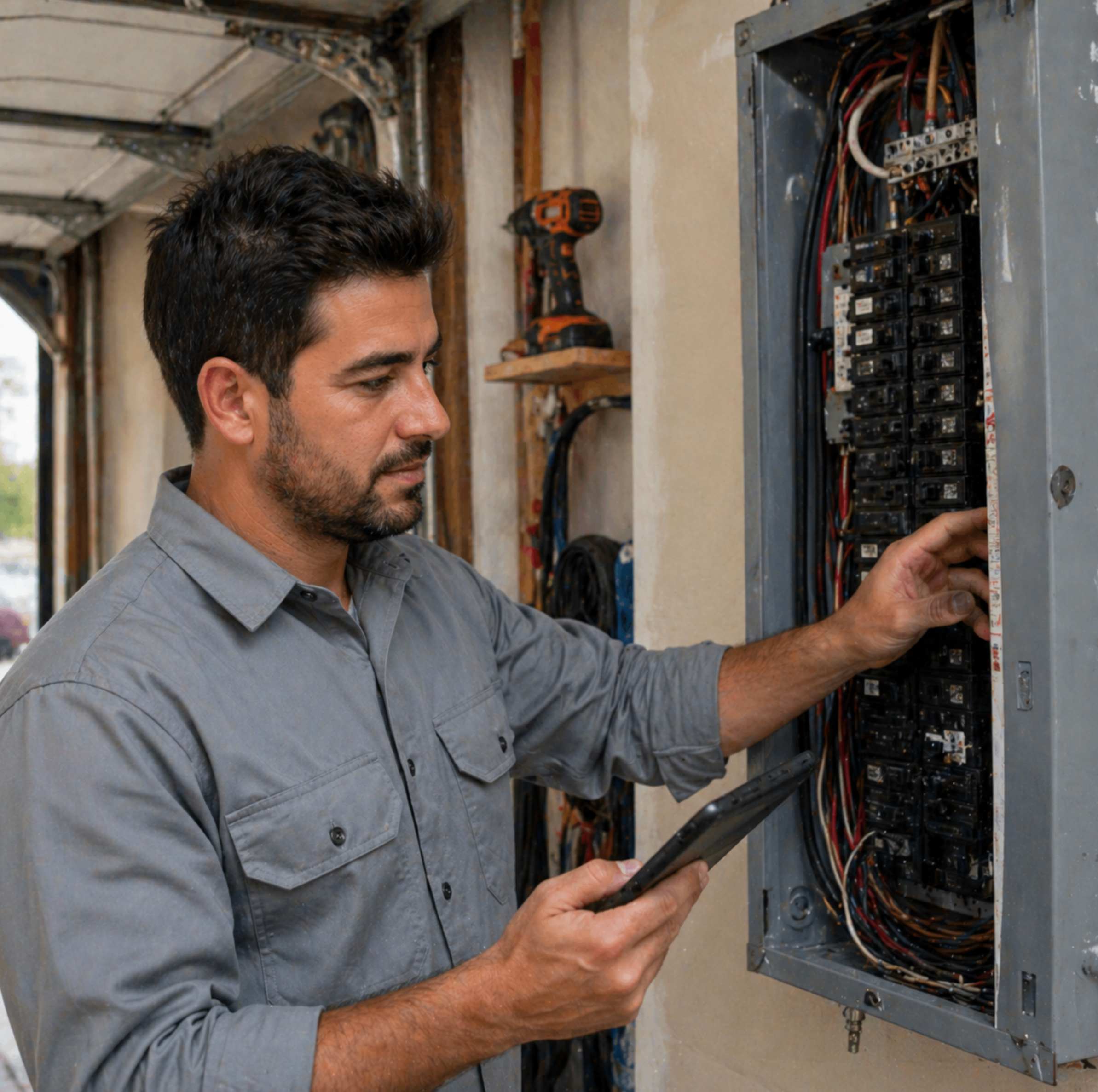 Electrician working on electrical breaker panel with tools