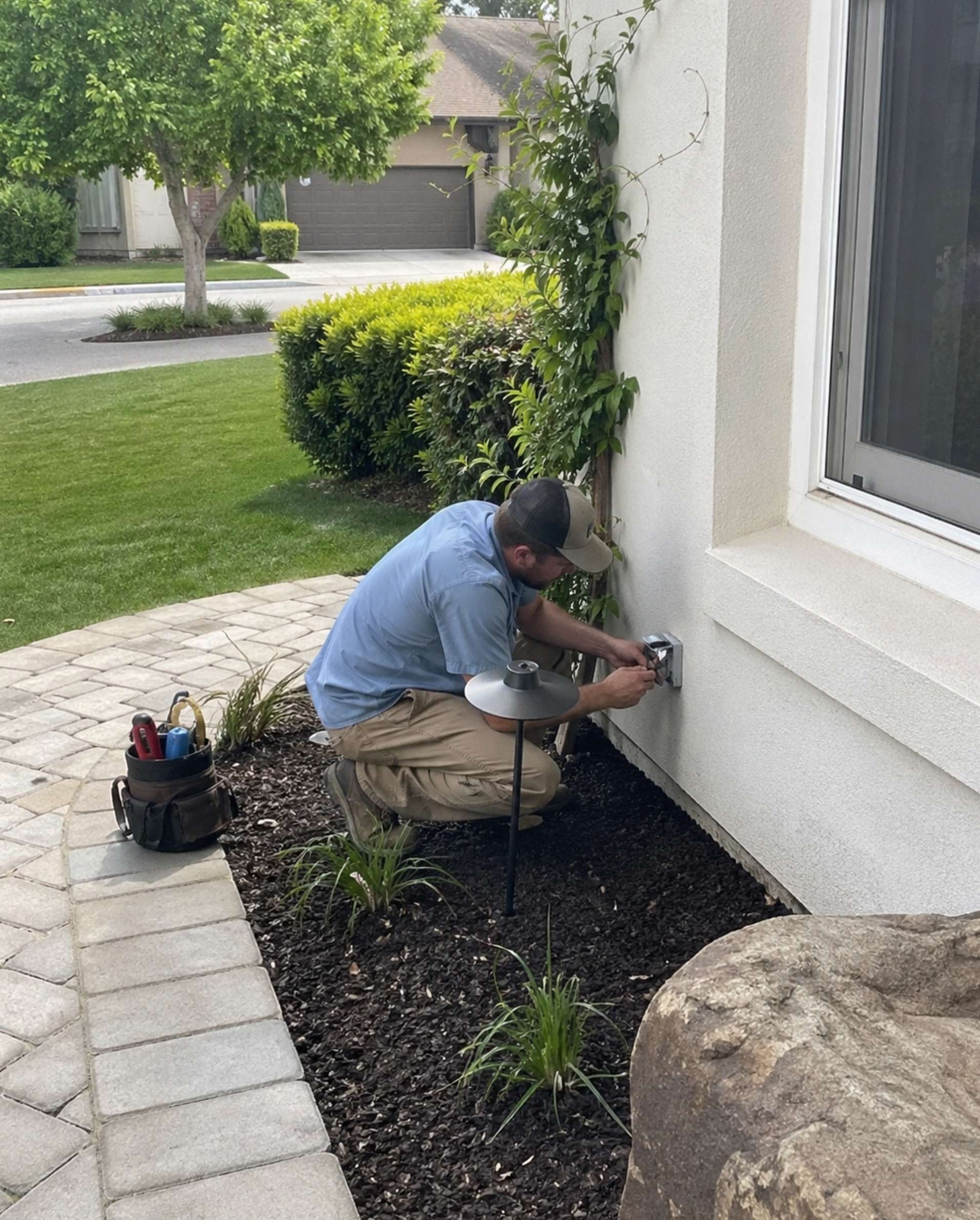 Electrician installing outdoor outlet on landscaped patio